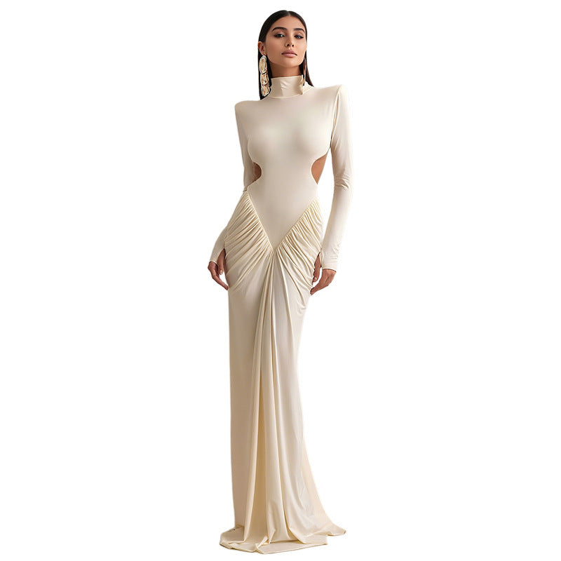 Women's High Neck Long Sleeve Ruched Maxi Dress with Side Cutout