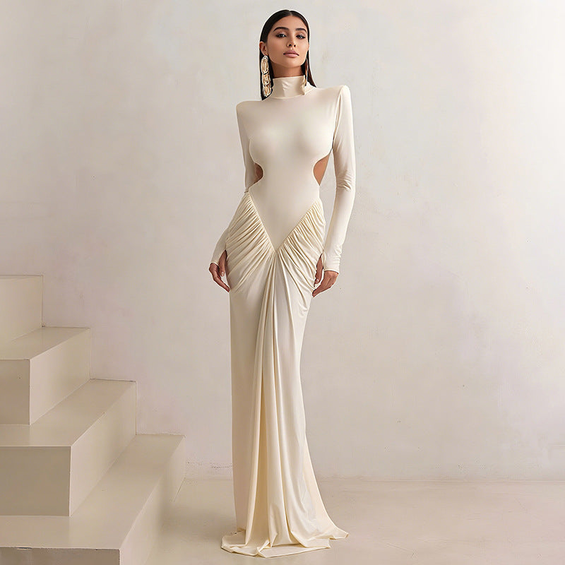 Women's High Neck Long Sleeve Ruched Maxi Dress with Side Cutout