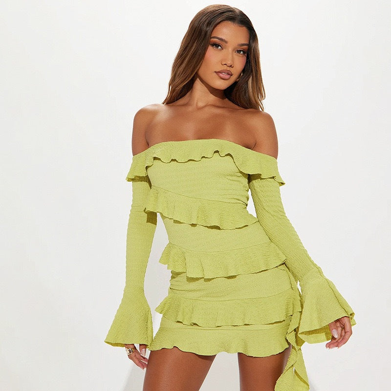 Women's Off Shoulder Long Bell Sleeve Layered Ruffle Mini Dress