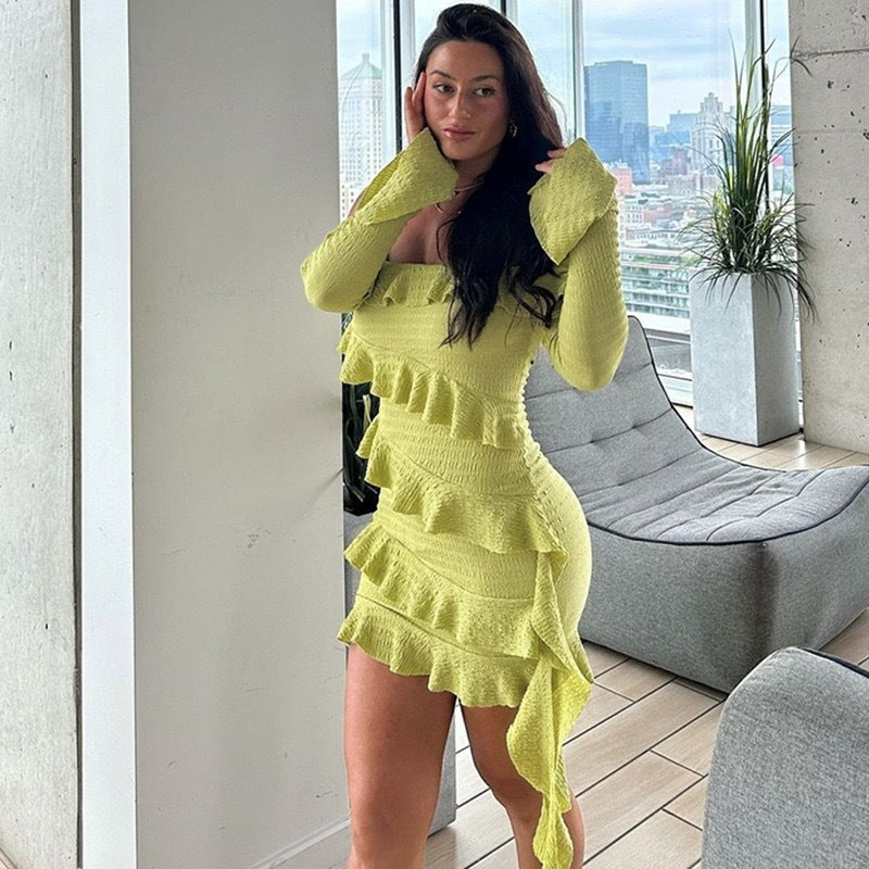Women's Off Shoulder Long Bell Sleeve Layered Ruffle Mini Dress