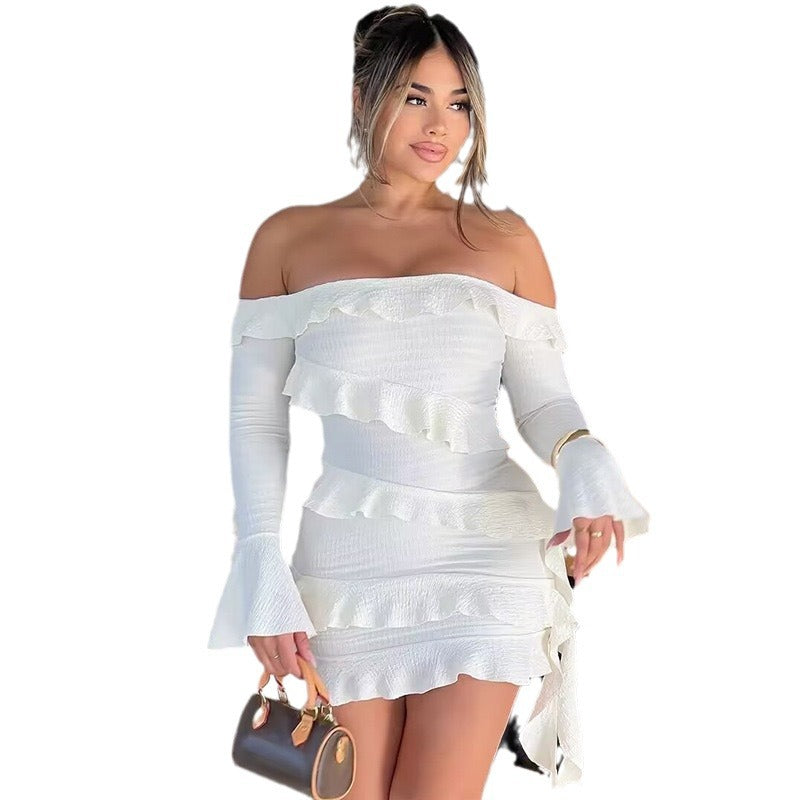 Women's Off Shoulder Long Bell Sleeve Layered Ruffle Mini Dress