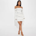 Women's Off Shoulder Long Bell Sleeve Layered Ruffle Mini Dress