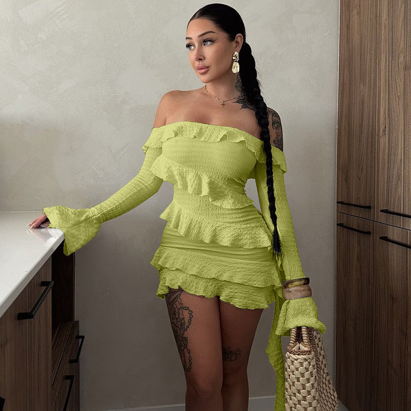 Women's Off Shoulder Long Bell Sleeve Layered Ruffle Mini Dress